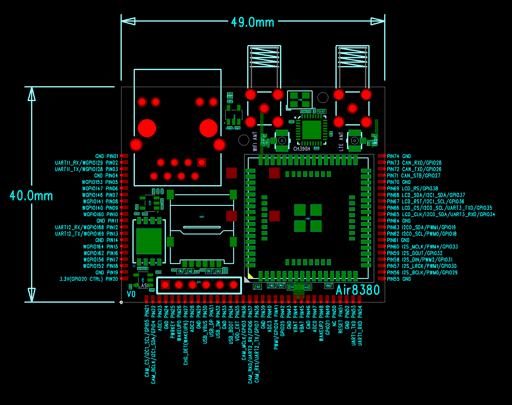 Air8380 尺寸图：49.0mm × 40.0mm
